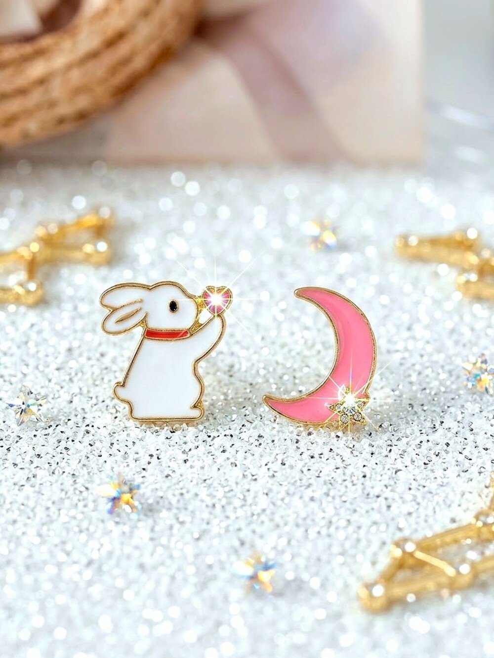 18K gold plated pink crystal Crescent moon heart white rabbit Earrings